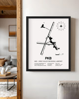 Framed Detailed Airport Map of Mid - Ohio Valley Regional Airport (PKB) in White with a Black Frame