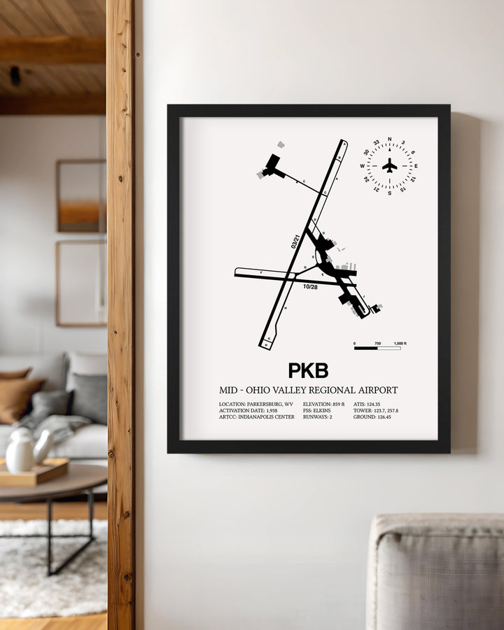 Framed Detailed Airport Map of Mid - Ohio Valley Regional Airport (PKB) in White with a Black Frame