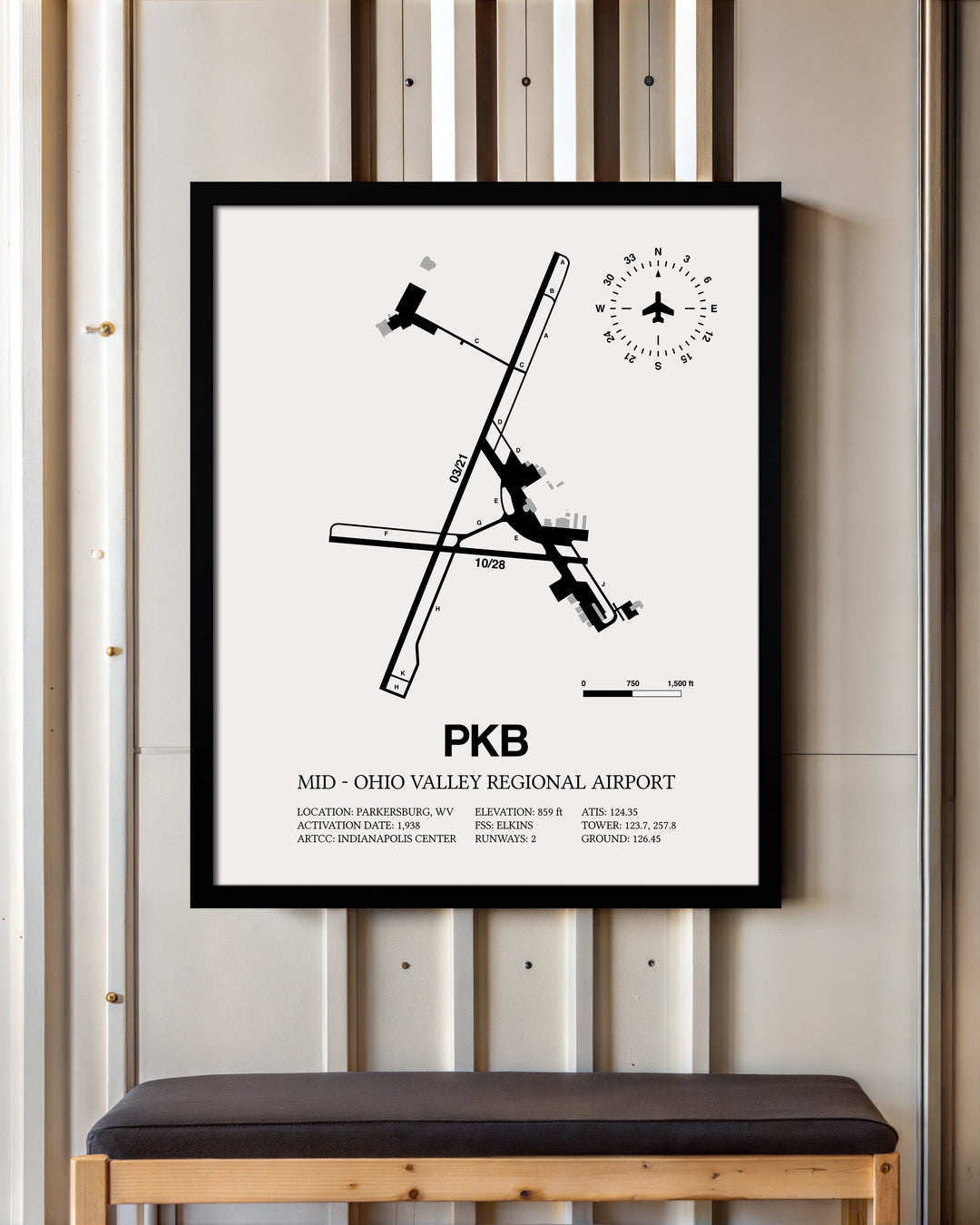 Framed Detailed Airport Map of Mid - Ohio Valley Regional Airport (PKB) in White with a Black Frame