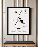 Framed Detailed Airport Map of Mid - Ohio Valley Regional Airport (PKB) in White with a Black Frame