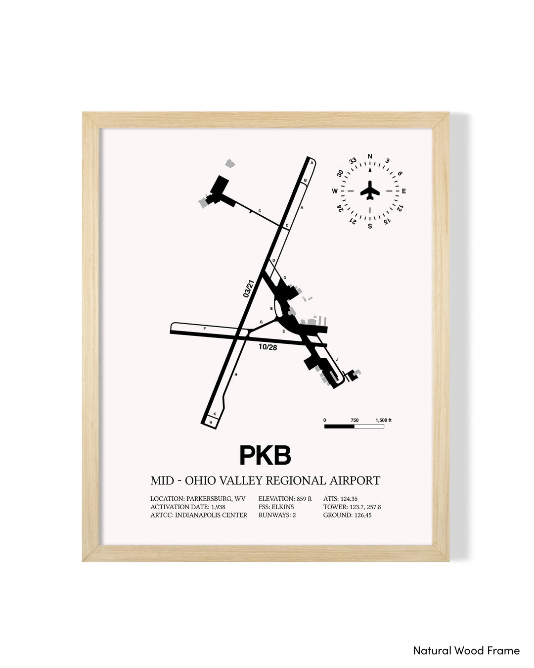 Detailed Airport Map of Mid - Ohio Valley Regional Airport (PKB) in White with a Natural Frame