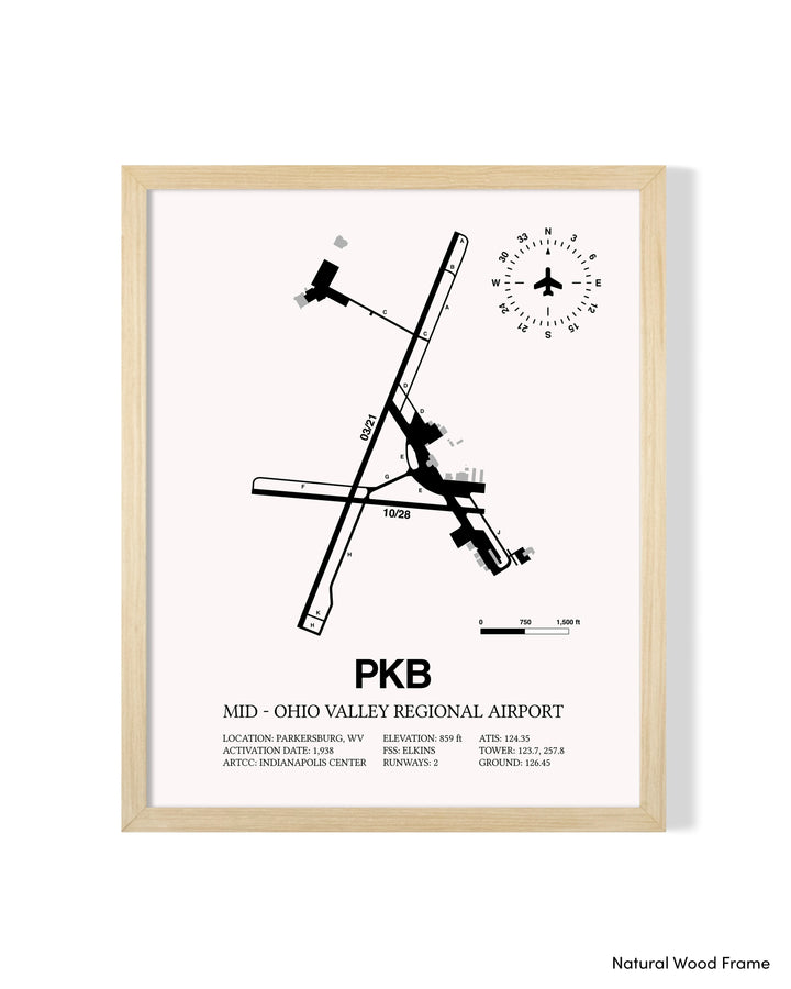 Detailed Airport Map of Mid - Ohio Valley Regional Airport (PKB) in White with a Natural Frame