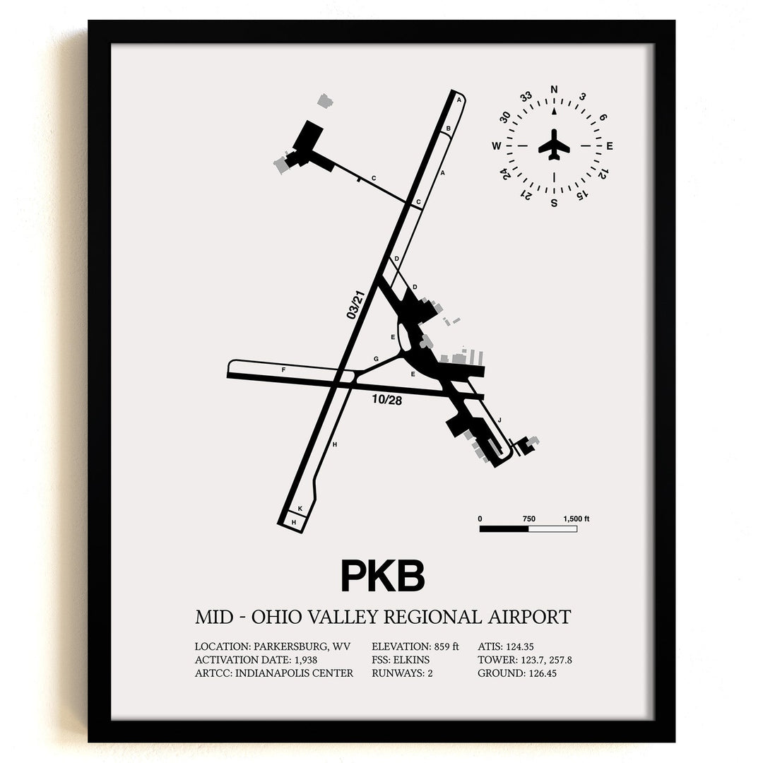 Framed Detailed Airport Map of Mid - Ohio Valley Regional Airport (PKB) in White with a Black Frame