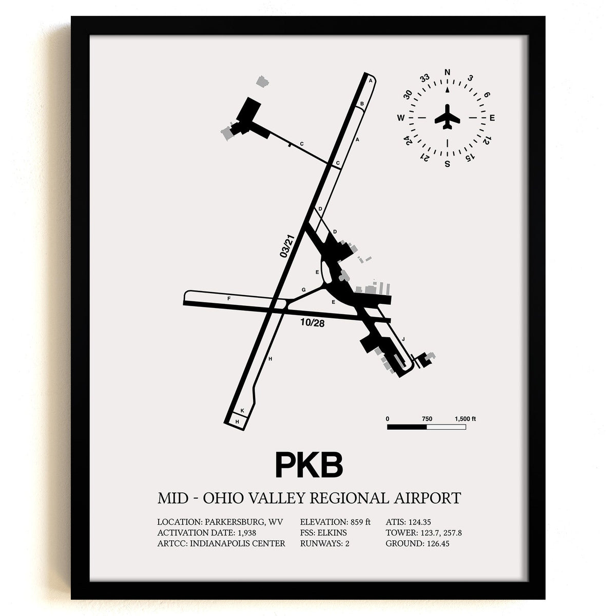 Framed Detailed Airport Map of Mid - Ohio Valley Regional Airport (PKB) in White with a Black Frame