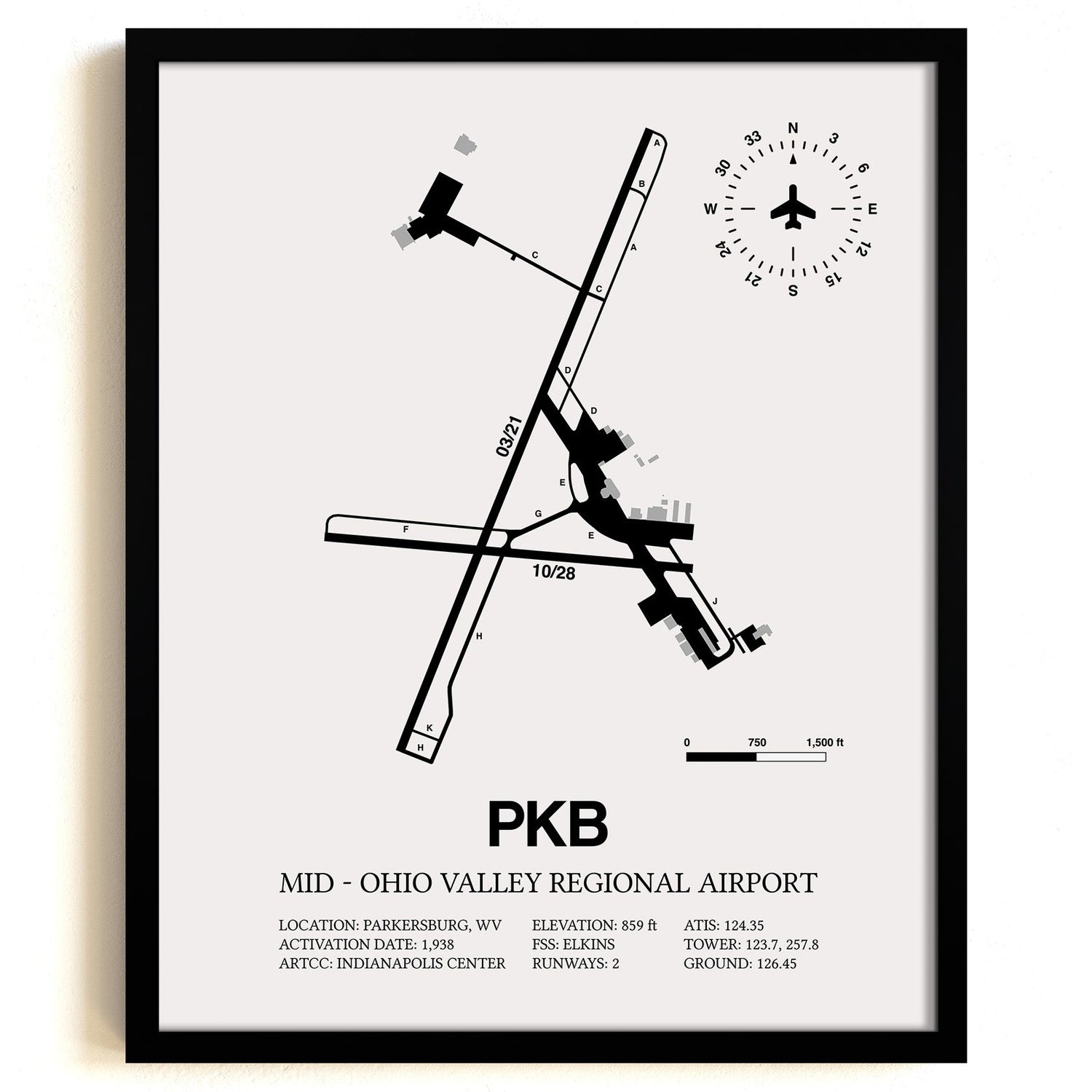 Framed Detailed Airport Map of Mid - Ohio Valley Regional Airport (PKB) in White with a Black Frame