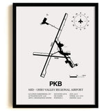 Framed Detailed Airport Map of Mid - Ohio Valley Regional Airport (PKB) in White with a Black Frame