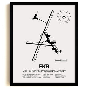 Framed Detailed Airport Map of Mid - Ohio Valley Regional Airport (PKB) in White with a Black Frame