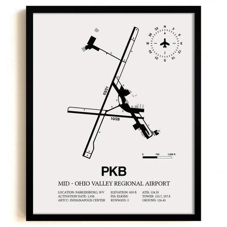 Framed Detailed Airport Map of Mid - Ohio Valley Regional Airport (PKB) in White with a Black Frame