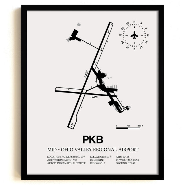 Framed Detailed Airport Map of Mid - Ohio Valley Regional Airport (PKB) in White with a Black Frame