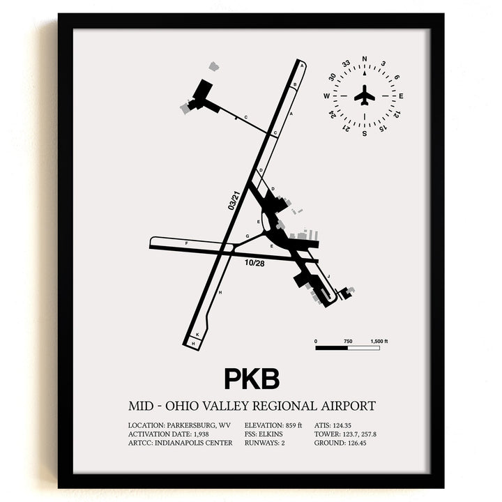 Framed Detailed Airport Map of Mid - Ohio Valley Regional Airport (PKB) in White with a Black Frame