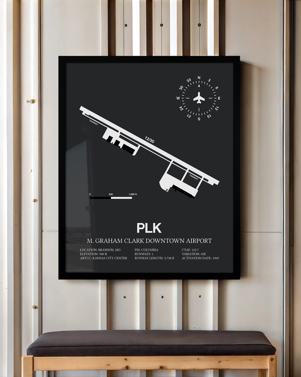 Framed Detailed Airport Map of M Graham Clark Downtown Airport (PLK) in Gray with a Black Frame