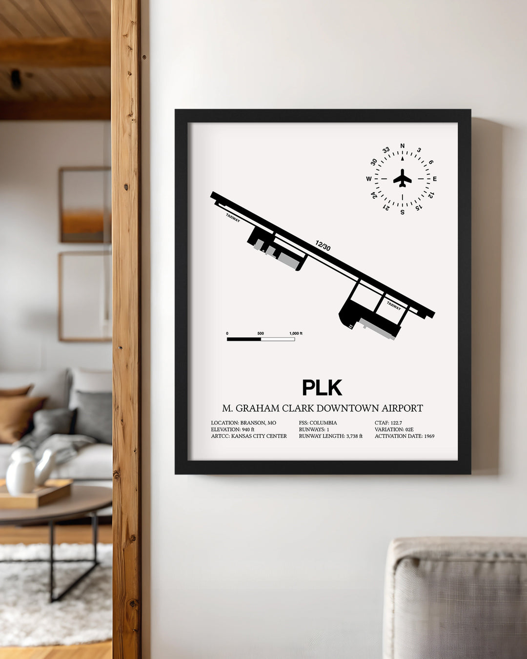 Framed Detailed Airport Map of M Graham Clark Downtown Airport (PLK) in White with a Black Frame