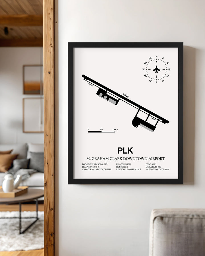 Framed Detailed Airport Map of M Graham Clark Downtown Airport (PLK) in White with a Black Frame
