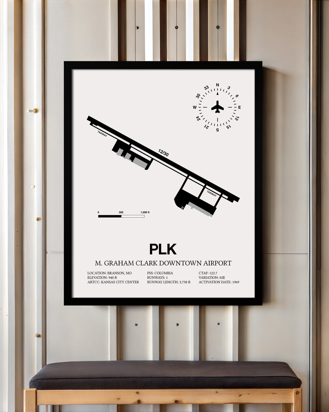Framed Detailed Airport Map of M Graham Clark Downtown Airport (PLK) in White with a Black Frame