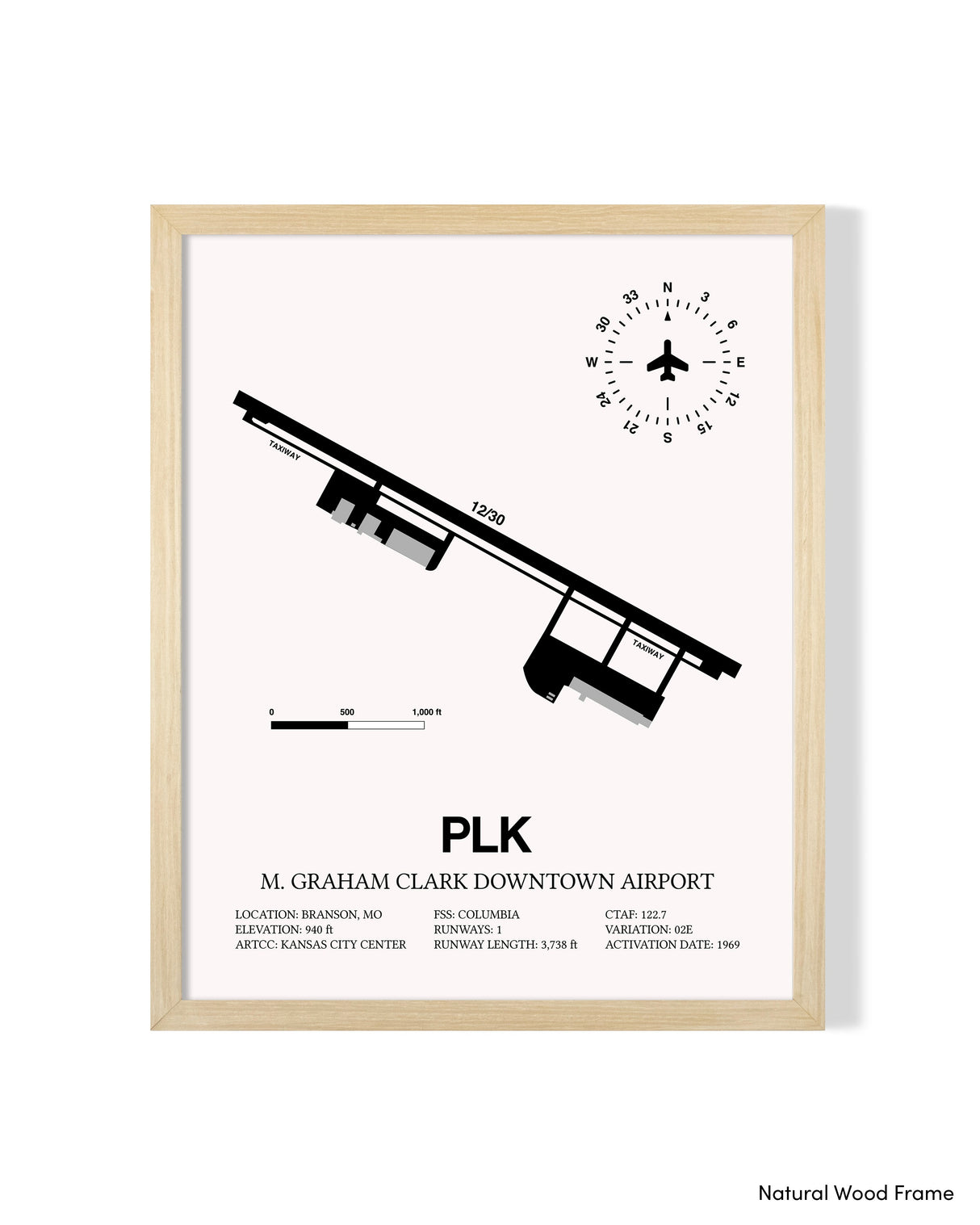Detailed Airport Map of M Graham Clark Downtown Airport (PLK) in White with a Natural Frame