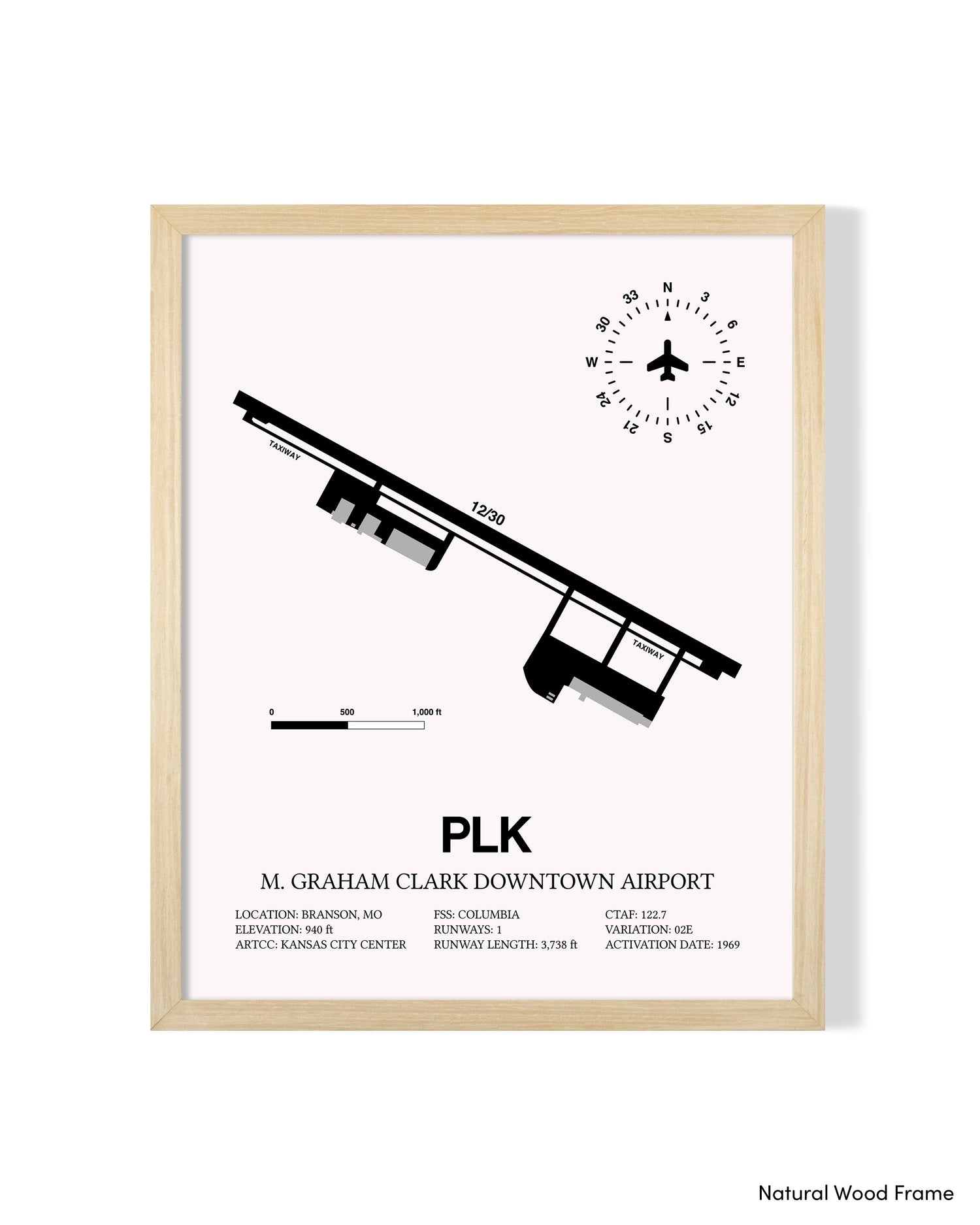 Detailed Airport Map of M Graham Clark Downtown Airport (PLK) in White with a Natural Frame