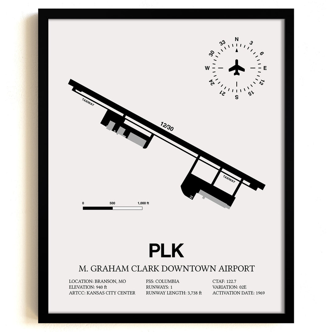 Framed Detailed Airport Map of M Graham Clark Downtown Airport (PLK) in White with a Black Frame