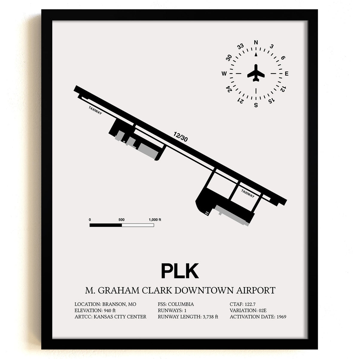 Framed Detailed Airport Map of M Graham Clark Downtown Airport (PLK) in White with a Black Frame
