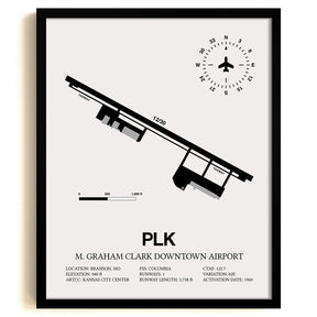 Framed Detailed Airport Map of M Graham Clark Downtown Airport (PLK) in White with a Black Frame