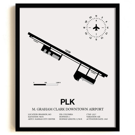 Framed Detailed Airport Map of M Graham Clark Downtown Airport (PLK) in White with a Black Frame