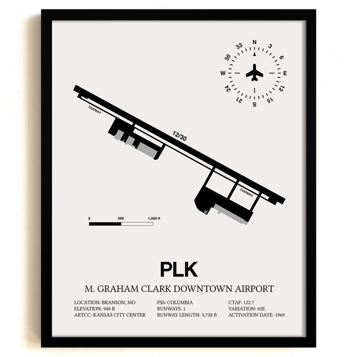 Framed Detailed Airport Map of M Graham Clark Downtown Airport (PLK) in White with a Black Frame