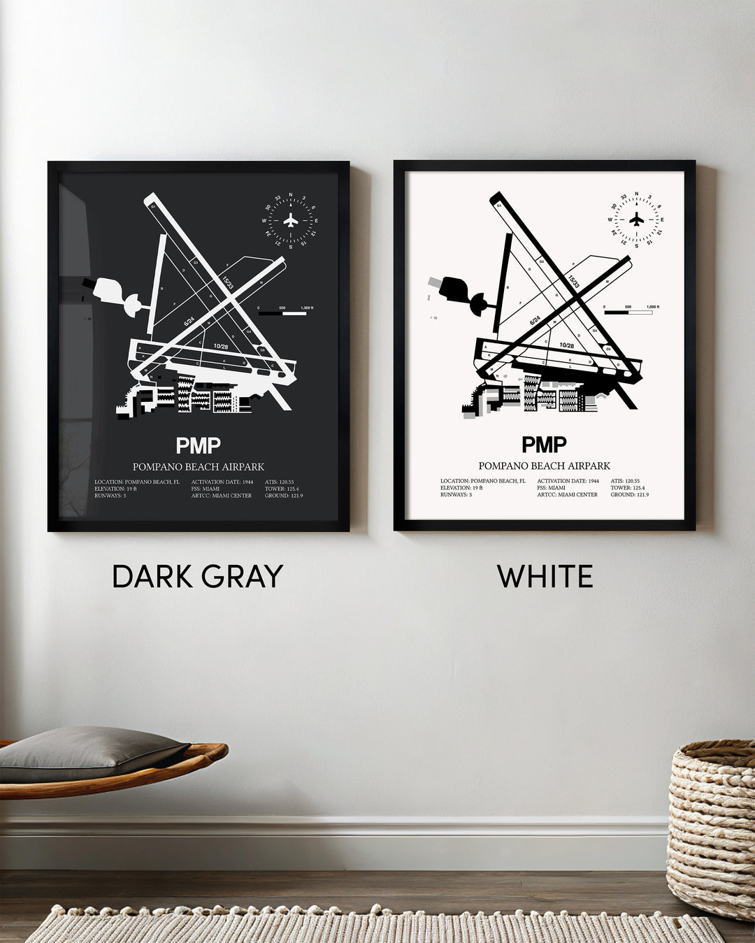 Framed Detailed Airport Map of Pompano Beach Airpark (PMP) in White and Gray