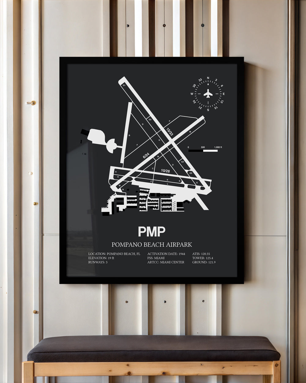 Framed Detailed Airport Map of Pompano Beach Airpark (PMP) in Gray with a Black Frame