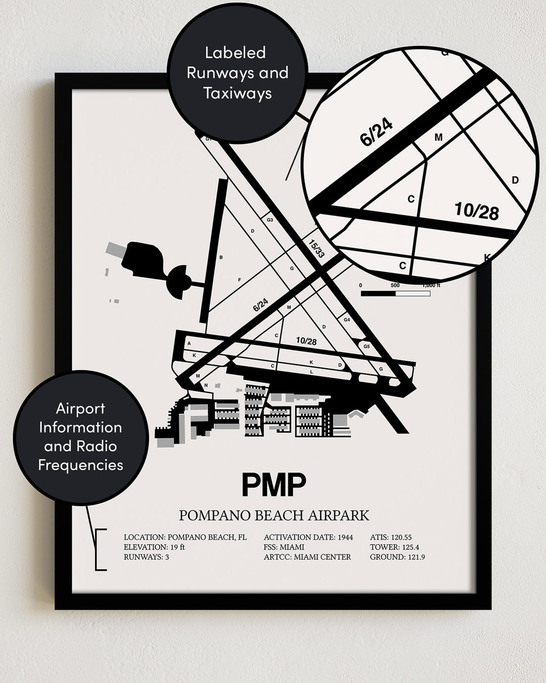 Framed Detailed Airport Map of Pompano Beach Airpark (PMP) in White with a Black Frame