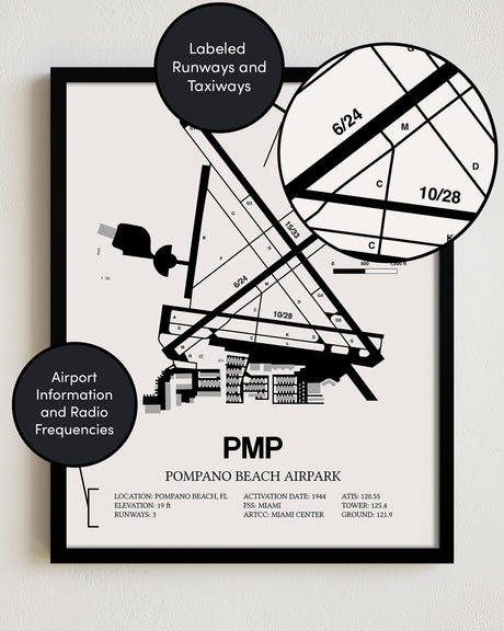 Framed Detailed Airport Map of Pompano Beach Airpark (PMP) in White with a Black Frame