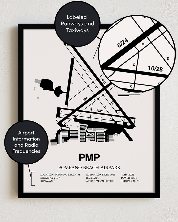 Framed Detailed Airport Map of Pompano Beach Airpark (PMP) in White with a Black Frame