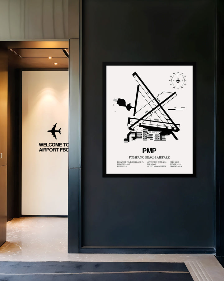 Framed Detailed Airport Map of Pompano Beach Airpark (PMP) in White with a Black Frame