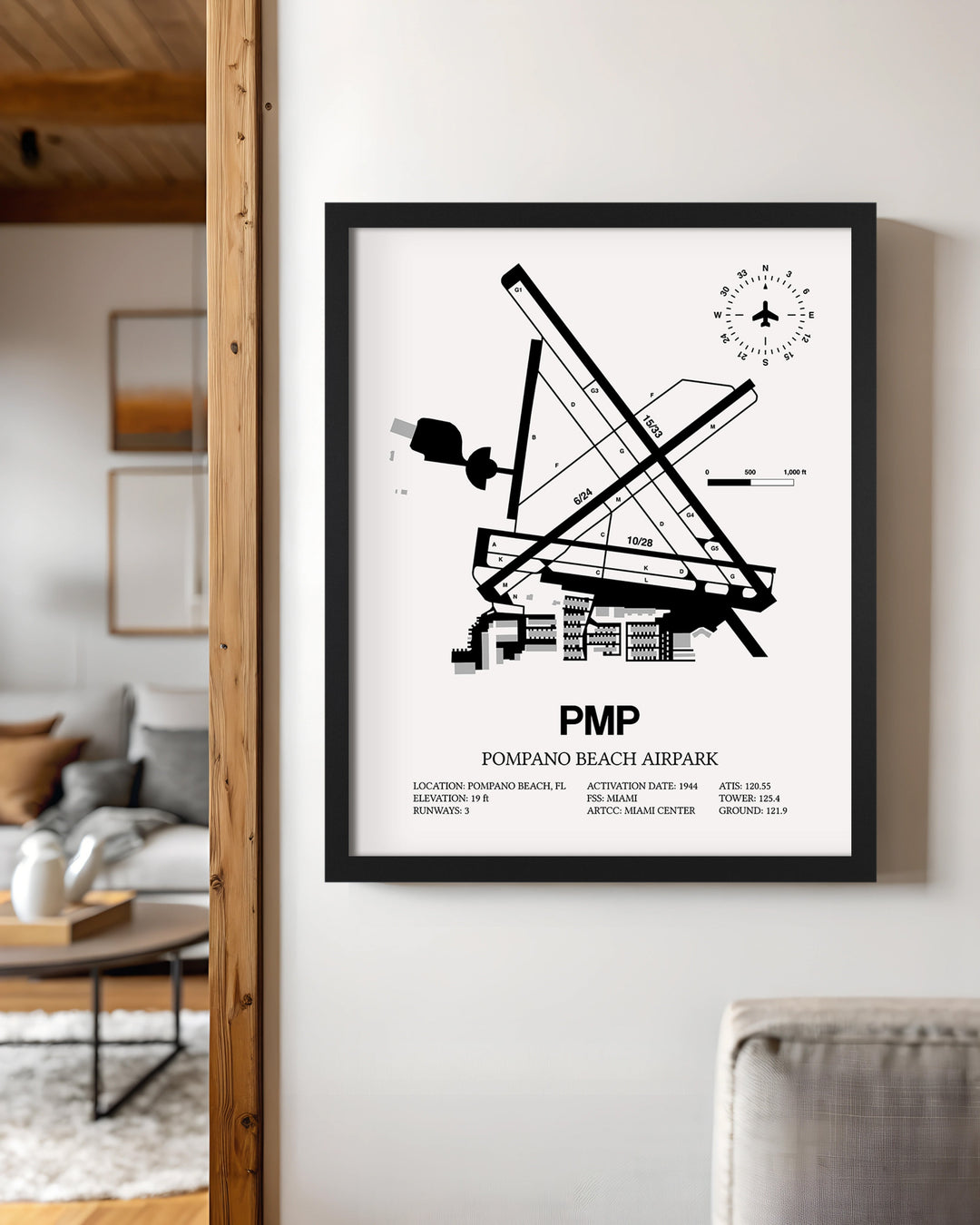 Framed Detailed Airport Map of Pompano Beach Airpark (PMP) in White with a Black Frame
