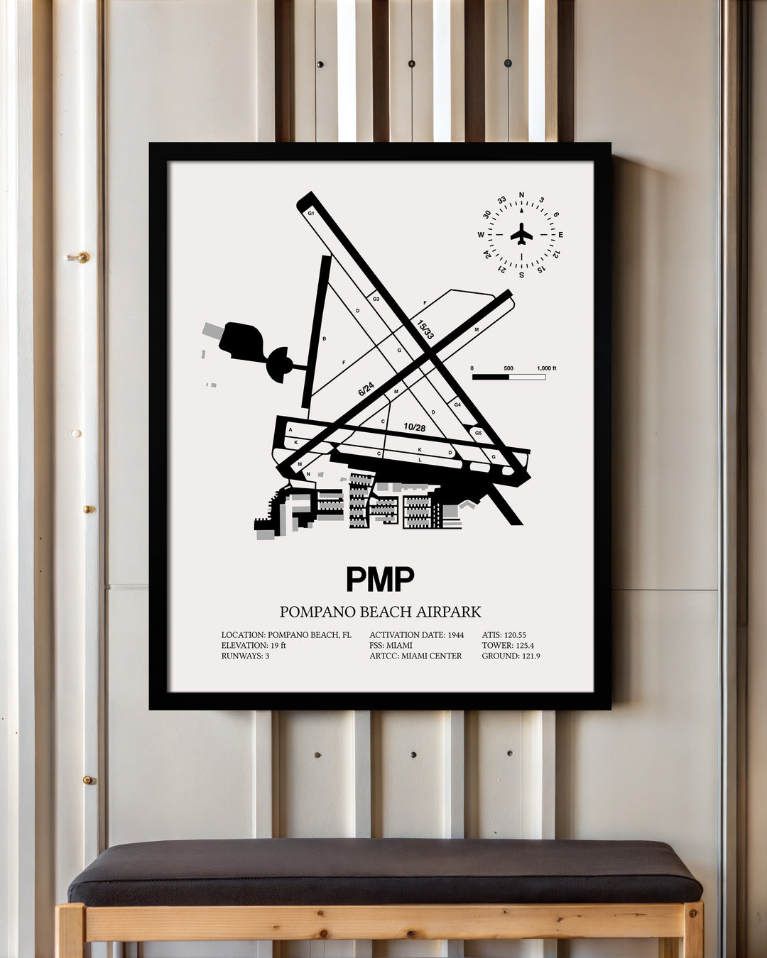 Framed Detailed Airport Map of Pompano Beach Airpark (PMP) in White with a Black Frame