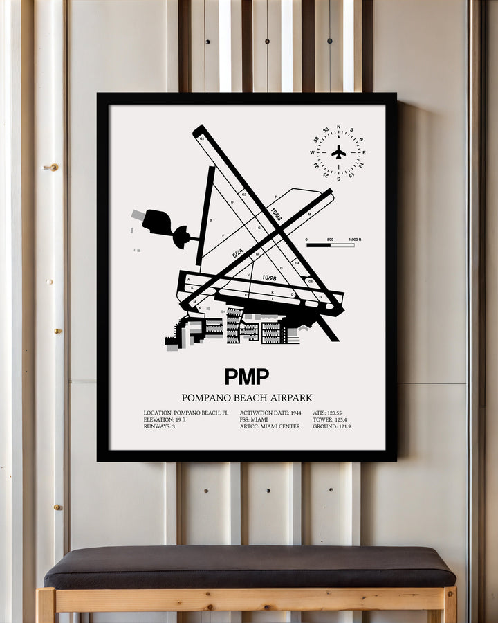 Framed Detailed Airport Map of Pompano Beach Airpark (PMP) in White with a Black Frame