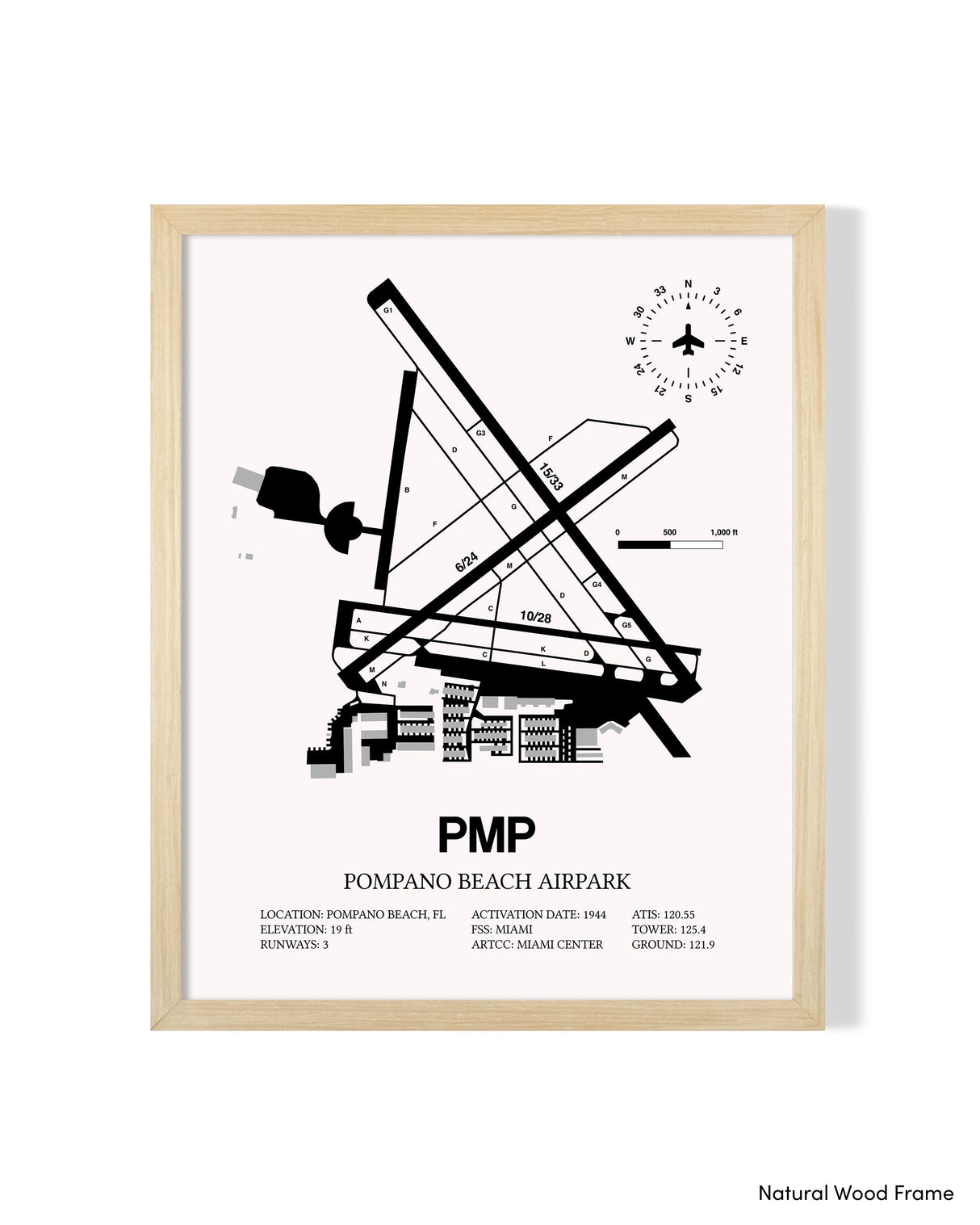 Detailed Airport Map of Pompano Beach Airpark (PMP) in White with a Natural Frame