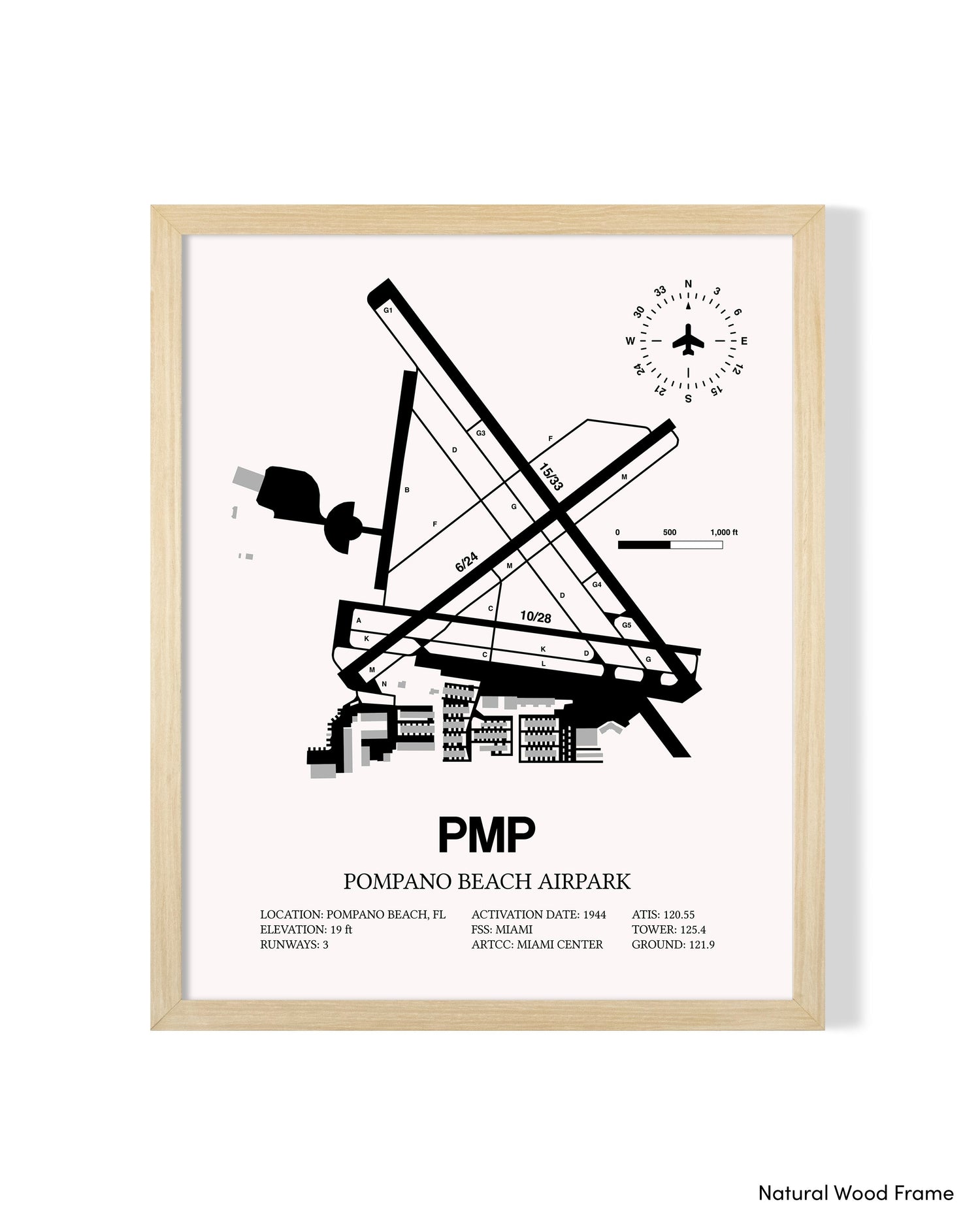 Detailed Airport Map of Pompano Beach Airpark (PMP) in White with a Natural Frame