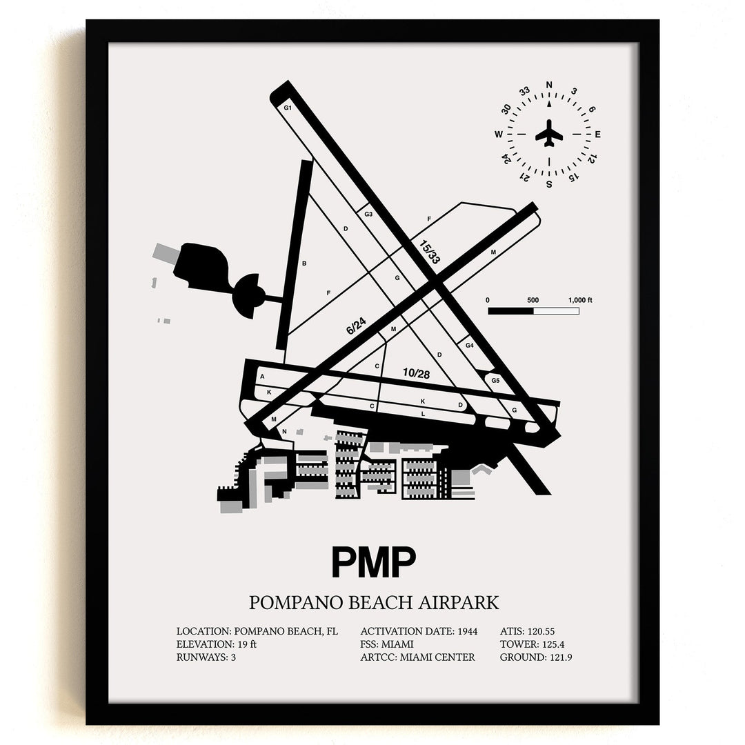 Framed Detailed Airport Map of Pompano Beach Airpark (PMP) in White with a Black Frame