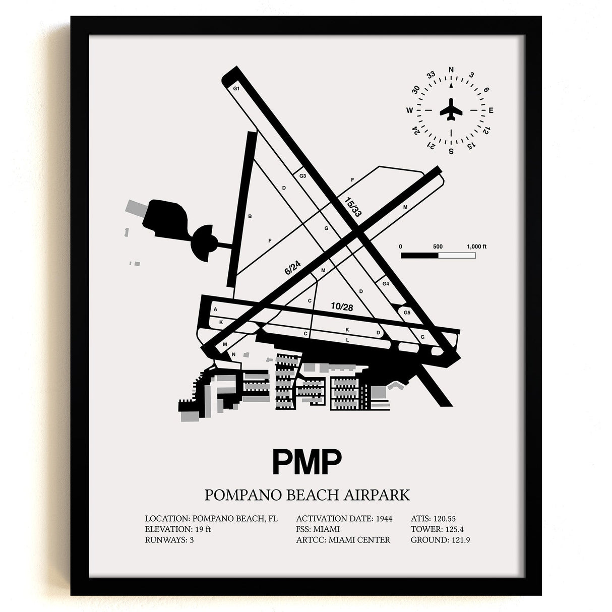 Framed Detailed Airport Map of Pompano Beach Airpark (PMP) in White with a Black Frame
