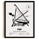 Framed Detailed Airport Map of Pompano Beach Airpark (PMP) in White with a Black Frame