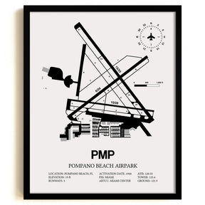 Framed Detailed Airport Map of Pompano Beach Airpark (PMP) in White with a Black Frame
