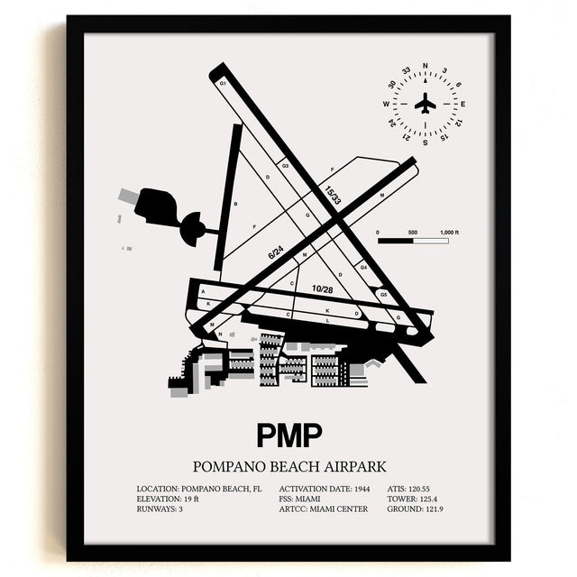 Framed Detailed Airport Map of Pompano Beach Airpark (PMP) in White with a Black Frame