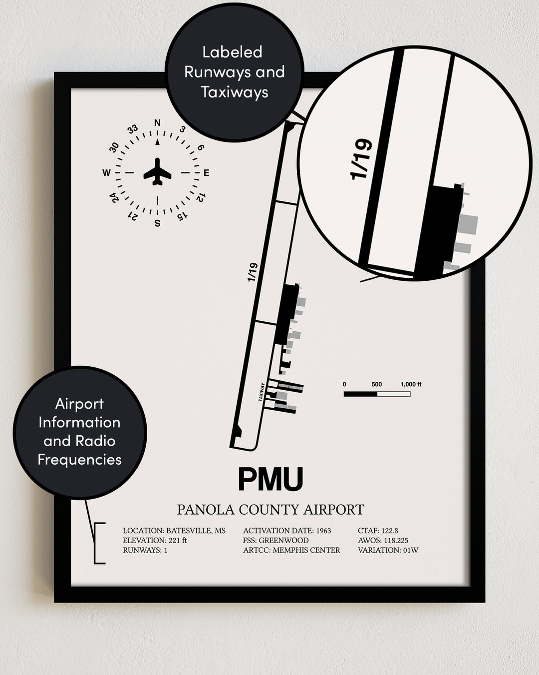 Framed Detailed Airport Map of Panola County Airport (PMU) in White with a Black Frame