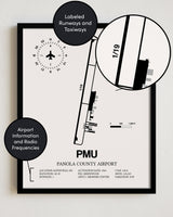 Framed Detailed Airport Map of Panola County Airport (PMU) in White with a Black Frame