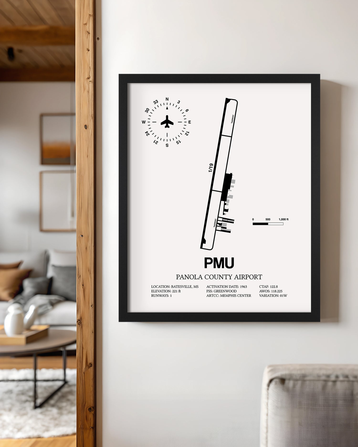 Framed Detailed Airport Map of Panola County Airport (PMU) in White with a Black Frame