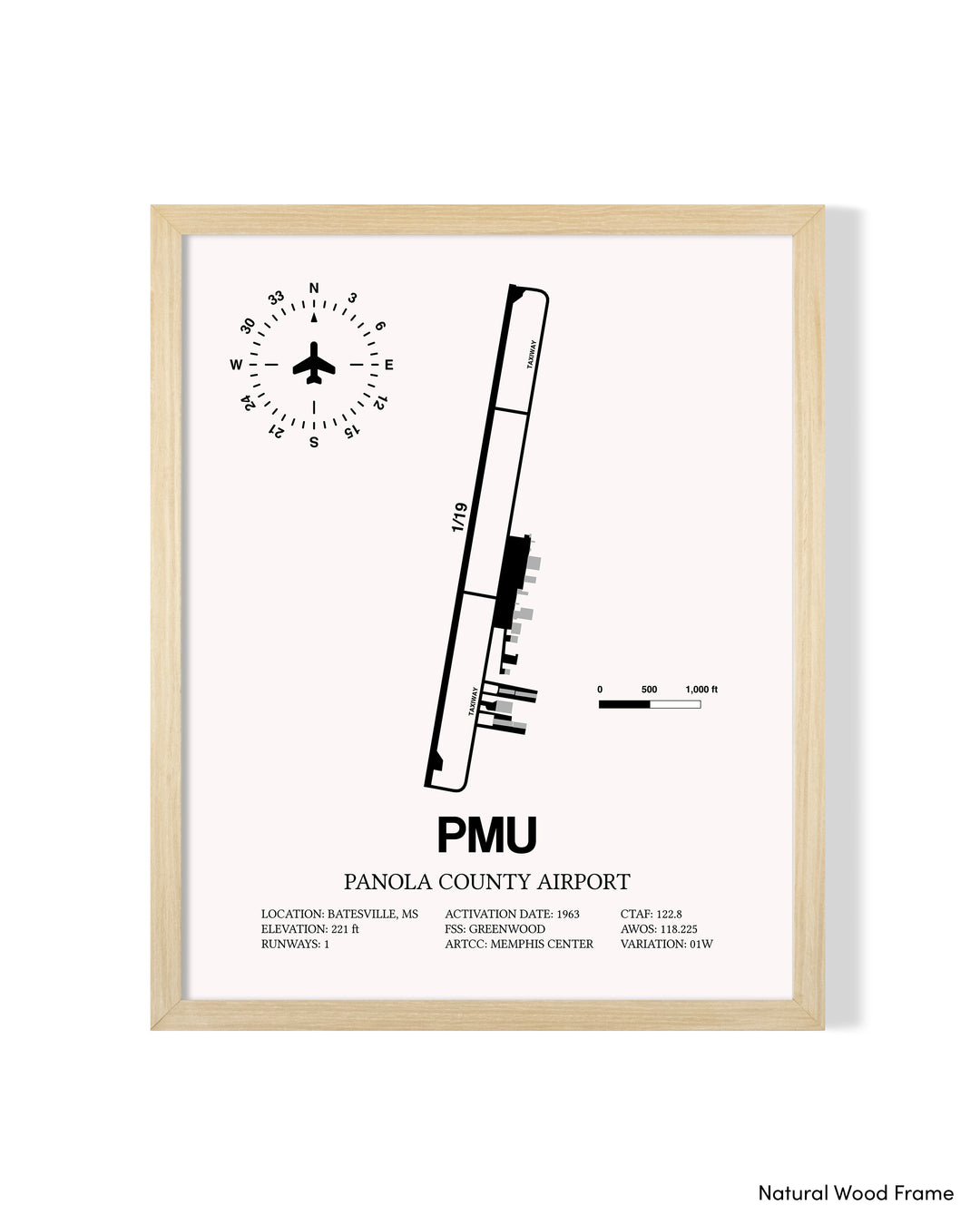 Detailed Airport Map of Panola County Airport (PMU) in White with a Natural Frame