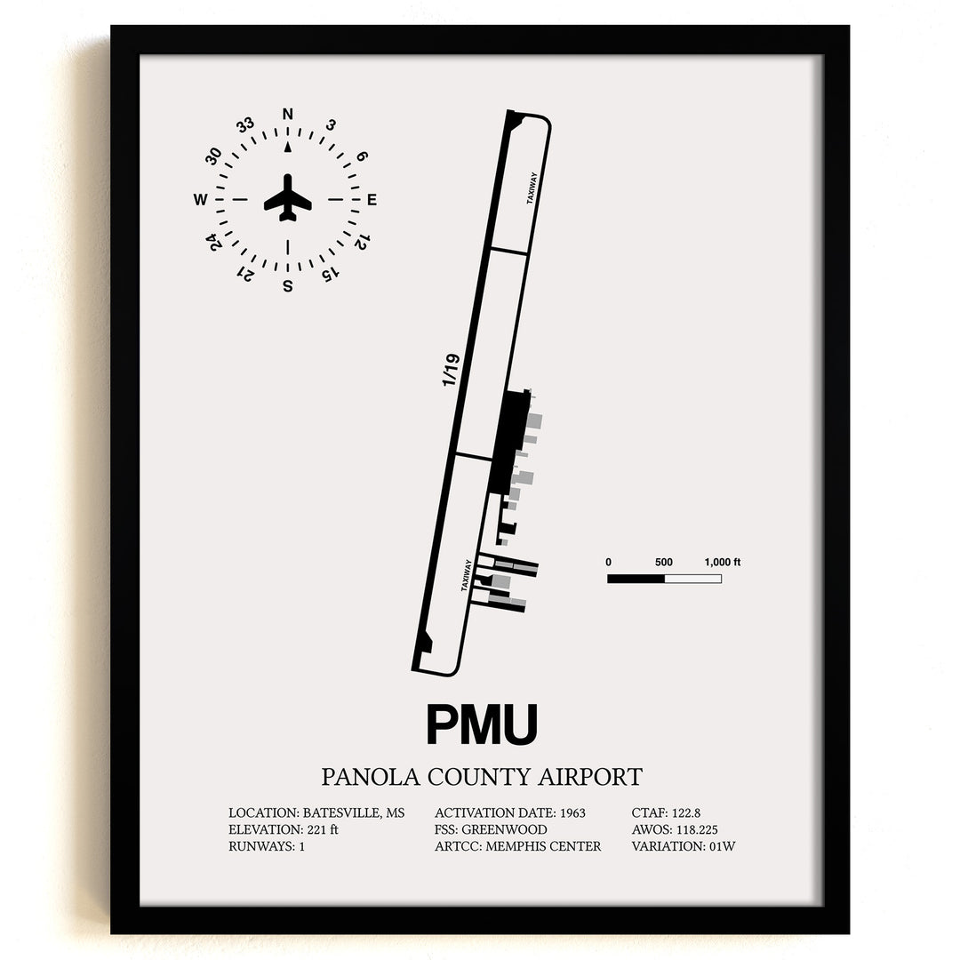 Framed Detailed Airport Map of Panola County Airport (PMU) in White with a Black Frame