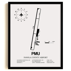 Framed Detailed Airport Map of Panola County Airport (PMU) in White with a Black Frame
