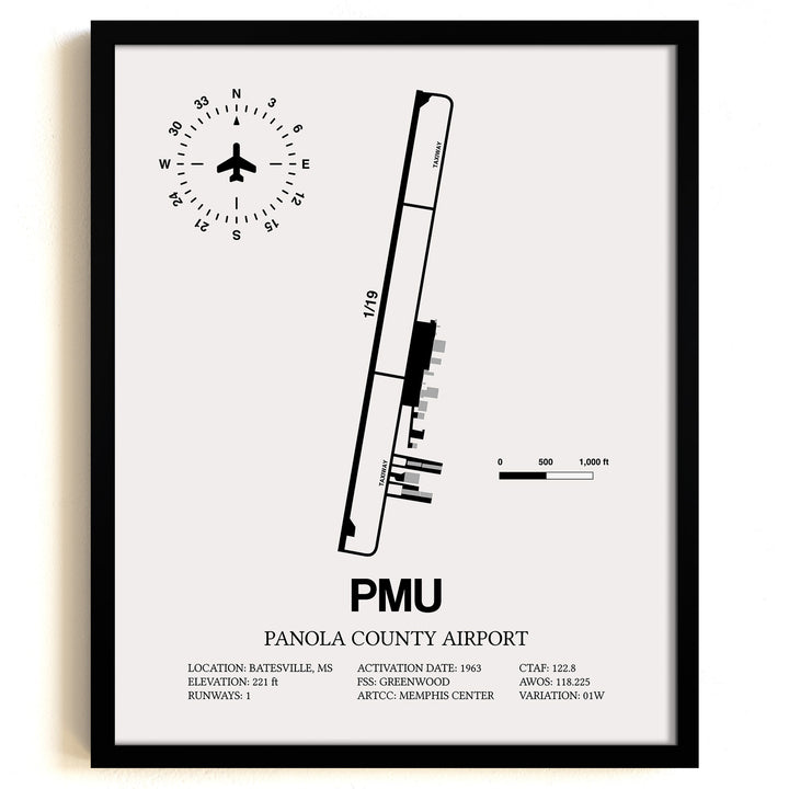 Framed Detailed Airport Map of Panola County Airport (PMU) in White with a Black Frame