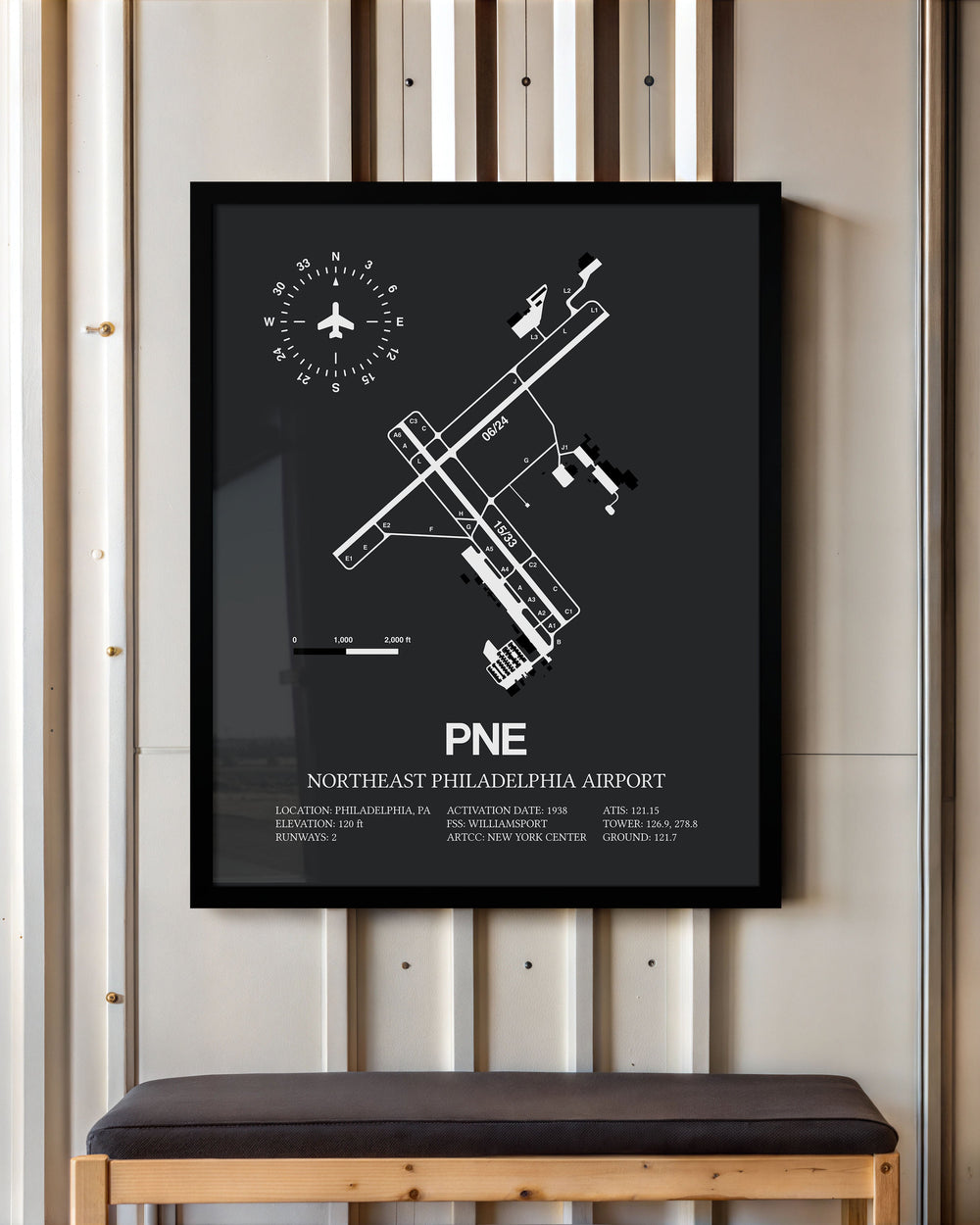 Framed Detailed Airport Map of Northeast Philadelphia Airport (PNE) in Gray with a Black Frame