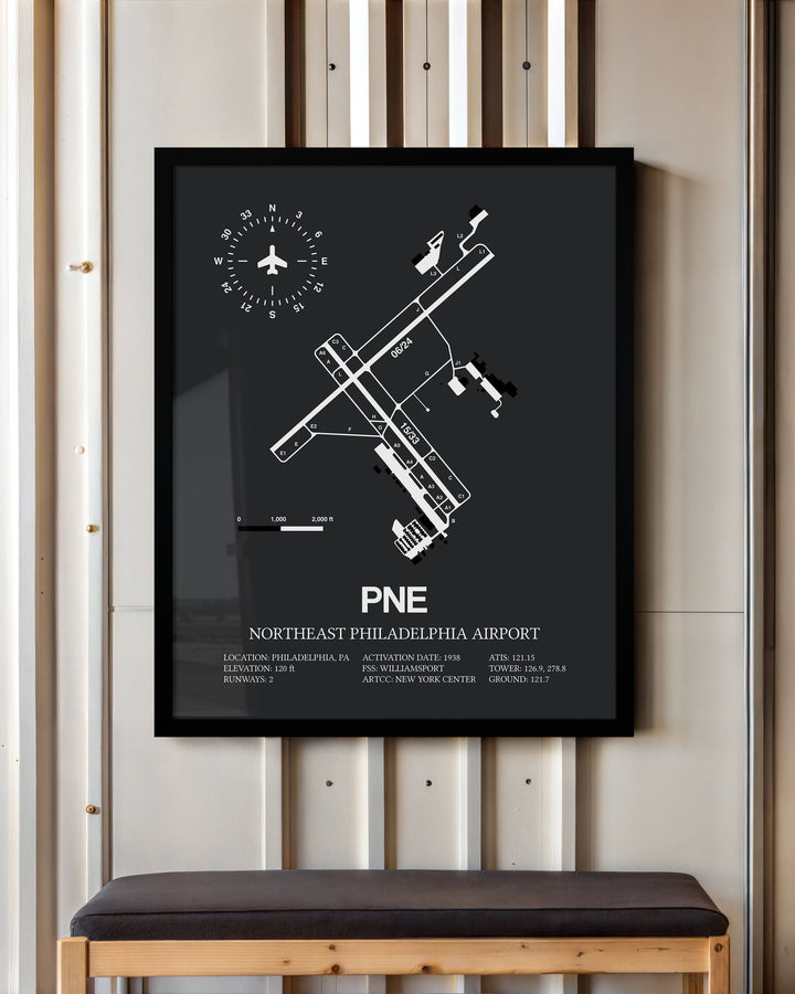Framed Detailed Airport Map of Northeast Philadelphia Airport (PNE) in Gray with a Black Frame